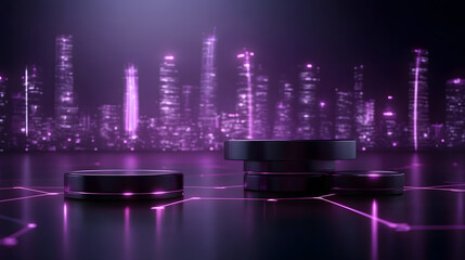 Aufkleber - A futuristic cityscape features glowing purple elements and sleek black circular objects, creating a high-tech, vibrant atmosphere