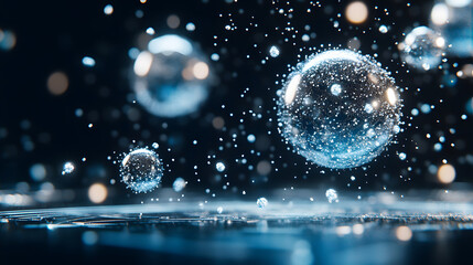 Poster - Floating water droplets and bubbles in a dark, shimmering environment, creating a magical and ethereal atmosphere