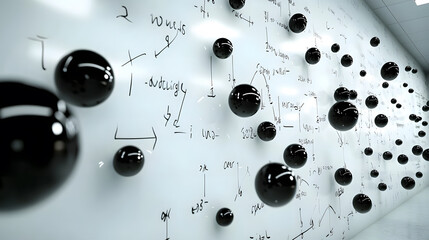 Aufkleber - A visually striking abstract image featuring black spheres against a white background, accompanied by mathematical equations and lines