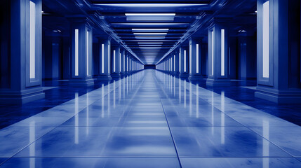 Fototapete - A futuristic corridor with blue lighting, sleek floors, and illuminated pillars, creating a modern, immersive atmosphere
