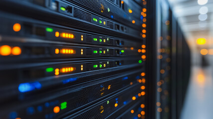Poster - A row of computer servers with green, blue, and yellow lights. The servers are connected to each other and are likely part of a large computer network