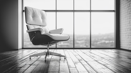 Poster - A white chair is sitting in front of a window. The chair is empty and the room is very clean. The chair is facing the window, which is the only source of light in the room