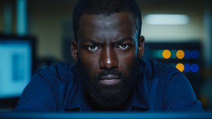 Poster - A man with a beard and a serious expression is looking at the camera. The image has a mood of intensity and focus