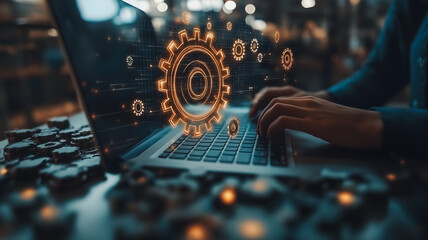 Poster - A person is typing on a laptop with a gear on the screen. Concept of technology and innovation, as well as the importance of using technology to create and improve upon existing systems
