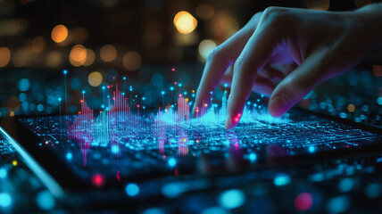 Poster - A hand is touching a tablet screen with a blue and red background. Concept of technology and innovation, as the hand is interacting with a device that is likely used for work or entertainment purposes