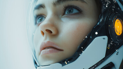 Poster - A woman in a space suit with a helmet on her head. The helmet has a yellow light on it