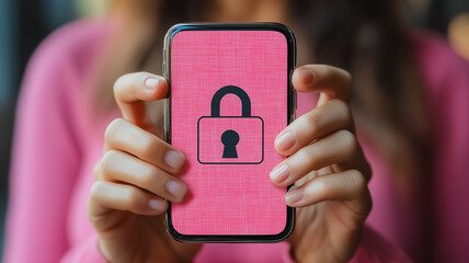 Poster - a woman is holding a phone with a pink background and a black lock. the lock is on the screen and th