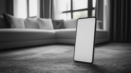 Poster - A white cell phone is sitting on the floor in front of a couch. The room is empty and the phone is the only object in the scene