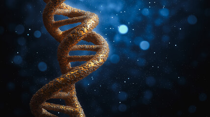 Poster - A gold colored DNA strand is shown in a blue background. The strand is twisted and has a lot of detail, making it look like a piece of art. The blue background adds a sense of depth