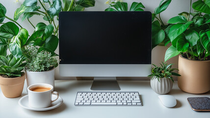 Poster - A computer monitor sits on a desk with a cup of coffee and a mouse. The desk is surrounded by potted plants, creating a cozy and inviting atmosphere