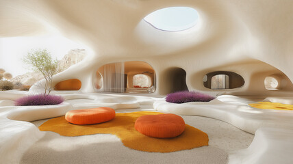 Poster - A large open space with a lot of natural light and a few orange pillows. The pillows are placed on the ground and there are some plants in the background. The space has a modern and minimalist design