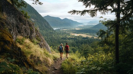 Poster - Two hikers walk along a mountain trail with stunning views of a valley below. The trail is surrounded by lush greenery and trees, with a river winding through the valley.
