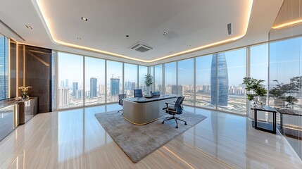Poster - Modern corner office with panoramic city view, large windows, minimalist design, luxurious furniture, marble floor.