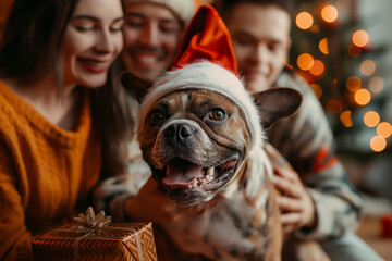 Wall Mural - Illustration of a warm family happily exchanging gifts on Christmas Day. The atmosphere is warm and there is a dog wearing a Christmas hat.