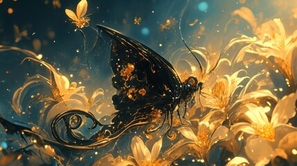 Wall Mural - perched atop a bed of delicate lilies a rare black and gold butterfly with glowing markings glistene