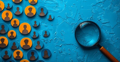 Aufkleber - Magnifying Glass with Yellow Human Icon on Blue Background for HR and Recruitment Concept