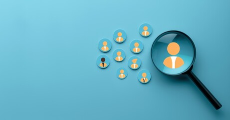 Aufkleber - Magnifying Glass with Yellow Human Icon for HR and CRM Concept on Blue Background