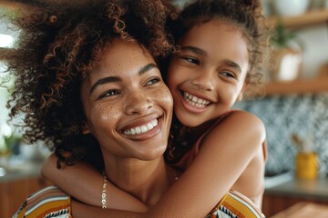 happy african american mother and daughter hugging in the kitchen