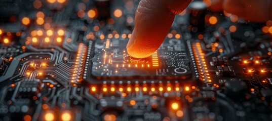 Poster - Finger Touching Electronic Circuit Board with Futuristic Light Effects