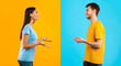 © Prostock-studio - Communication. Profile portrait of casual woman and bearded smiling caucasian man talking isolated over halved blue and yellow studio background. Side view of positive couple discussing