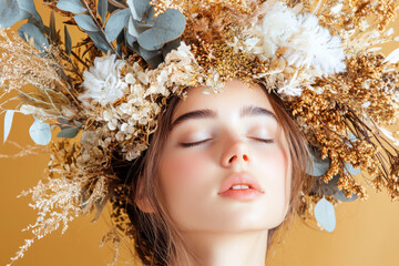 Aufkleber - Creating an artistic portrait with a winter flora headpiece featuring dried flowers and eucalyptus in honey gold tones
