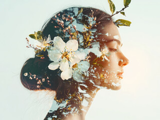 Poster - Artistic silhouette study of spring botanical crown with pastel blooms in sage green and golden elements