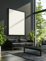 Poster - Creating a minimalist contemporary space scene with natural elements and black furniture blank poster template for modern interiors