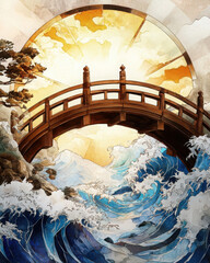 Poster - Japanese bridge over turbulent waves at sunrise scenic watercolor artwork nature aerial view inspiring serenity and strength