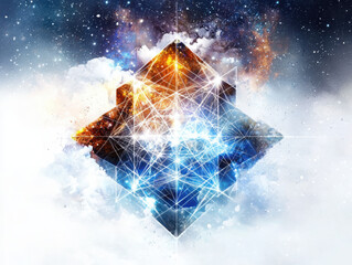 Poster - exploring sacred geometry in snowflakes under the cosmic night sky a visual journey of sparkling pat