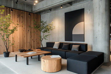 Poster - Enhance your scandinavian living space with cylindrical black furniture and natural elements wall art in a modern studio setting