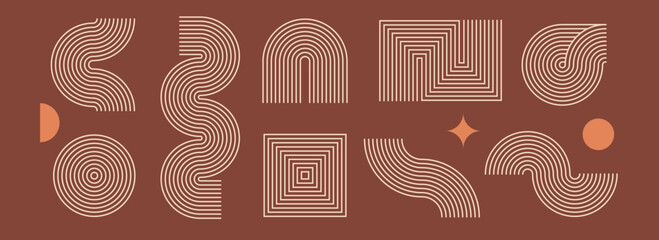 Poster - Boho linear element set. Brown beige wave and arch form design. Middle century curves and arcs collection. Bohemian decorative ornamental shape bundle for badge, icon, poster, banner, template. Vector