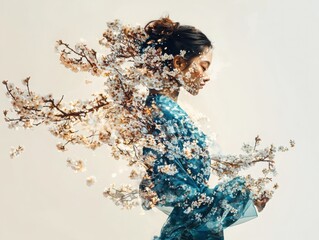 Poster - Cascading blossoms embrace abstract figure study springtime dreams minimalist composition teal dress warm amber glow