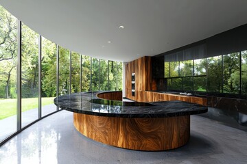 Poster - Designing elegant architectural kitchen spaces emphasizing vertical timber details noir surfaces curved furniture and natural elements in modern homes
