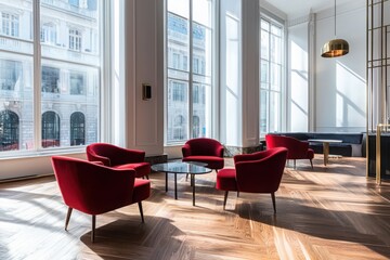 Poster - Showcase of modern living bright space with red velvet furniture architectural windows and herringbone wood floors