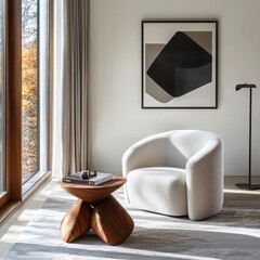 Poster - Creating a serene modern lounge corner with unique side table decor and framed artwork in natural light