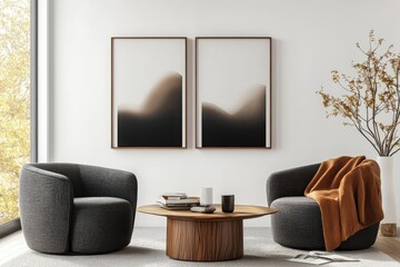 Aufkleber - contemporary art display mockup featuring triple frame layout and organic shaped furniture in a text