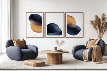 Poster - Showcasing contemporary art triple frame layout with organic shaped furniture in a textured living space
