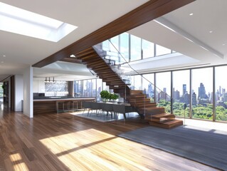 Poster - Transforming urban living contemporary open plan custom millwork skyline modern loft interior design panoramic view customization