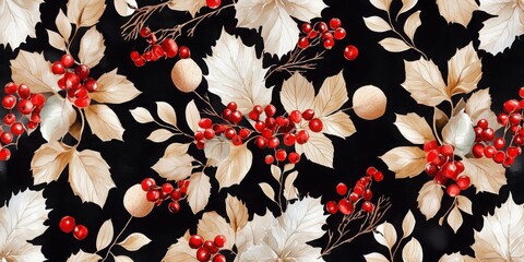 Poster - Discover elegant botanical patterns featuring red berries and cream leaves in a black background for home decor inspiration