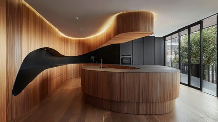 Poster - Transforming high-end kitchen design embracing wooden rhythm walls and matte black features with curved furniture in contemporary spaces