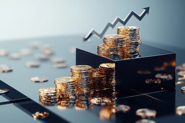 Poster - Visualizing investment returns gold coin piles on chrome with uptrend arrow in a black platform environment