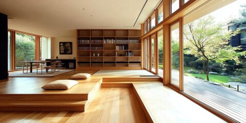 Poster - Creating tranquil spaces japanese inspired interior built-in shelving in a modern home environment