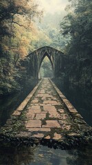 Canvas Print - Mystical Stone Arch Bridge in a Foggy Forest