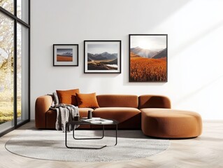 Poster - Creating a minimal gallery wall scene with black frames rounded sofa forms in a morning setting