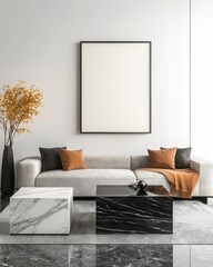 Poster - Showcasing minimal living room render art with marble accent tables in a studio setting for a modern aesthetic