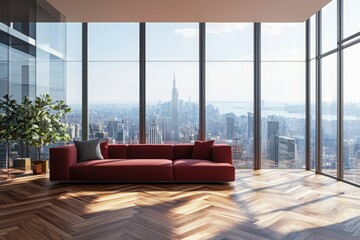 Poster - Transforming urban living minimalist living area with red upholstered couch and panoramic city views