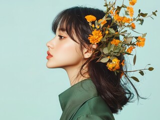 Poster - Minimalist floral arrangement portrait japanese inspired studio setting sage green attire side view contemporary concept for aesthetic appeal