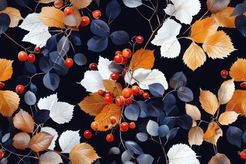 Poster - Create a modern botanical seamless pattern of berries and foliage in a dark environment for artistic and home decor inspiration