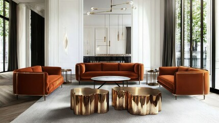 Poster - Transform your living space modern classic interior with rust colored sofa set and brass accent tables in a stylish industrial setting
