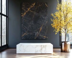 Poster - Creating modern interior visualization luxury marble tables in an empty canvas setting with textural elements